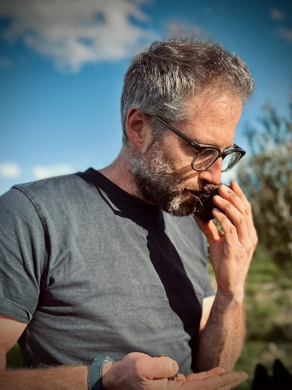 A middle-aged man with gray hair and beard, wearing glasses and a gray t-shirt, is outdoors holding a French Black Truffle in his hand and smelling or inspecting it closely.