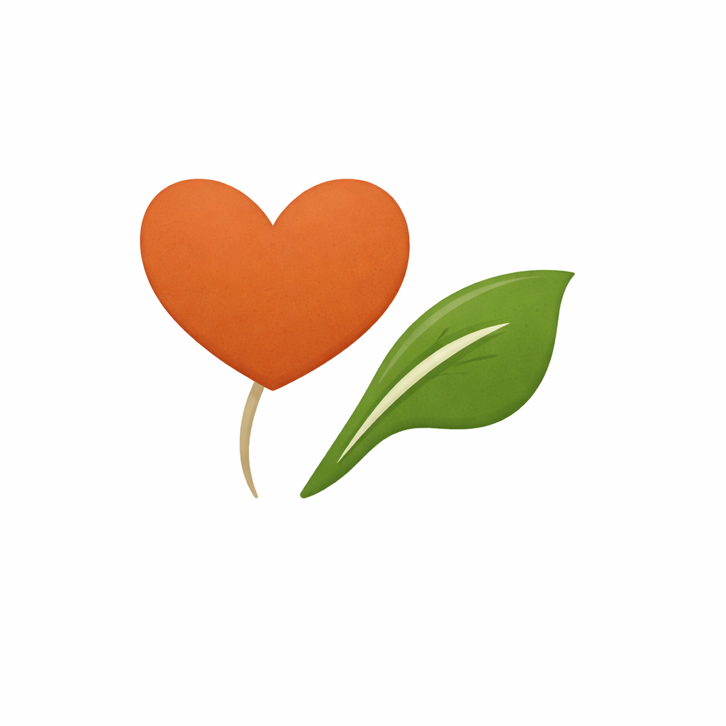 An emoji-style illustration of a heart-shaped orange flower with a green leaf and stem.