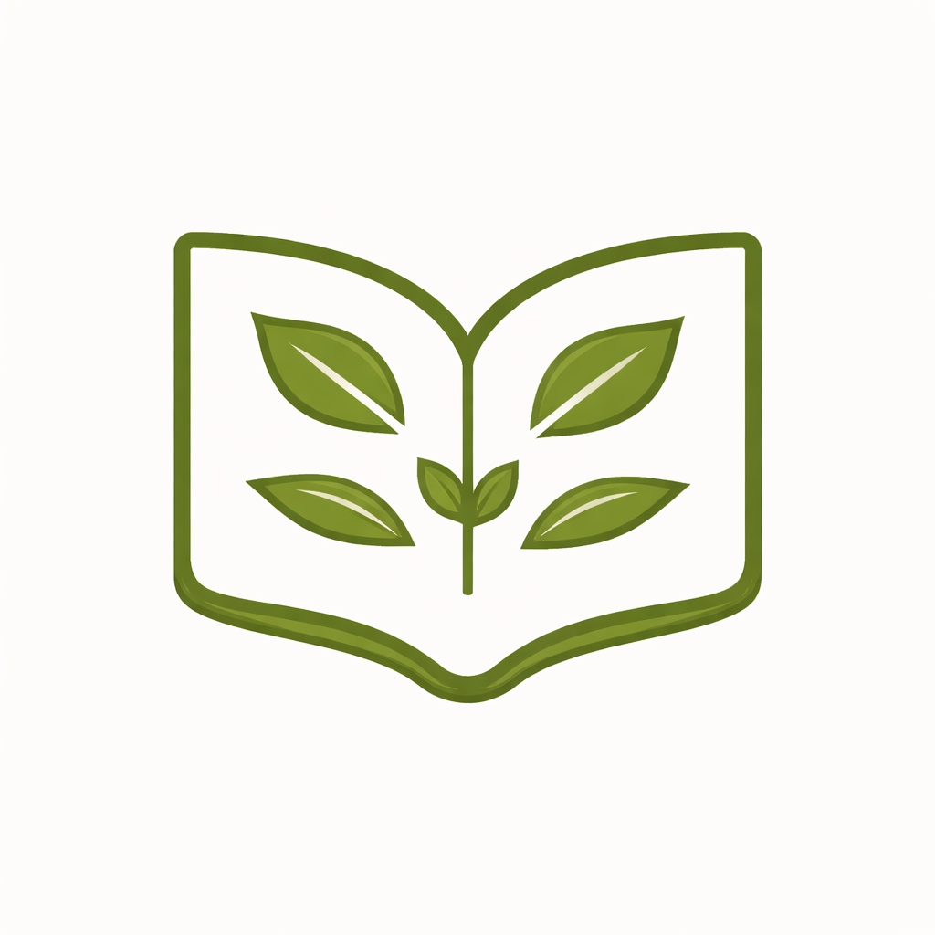 A stylized open book with green leaves inside.