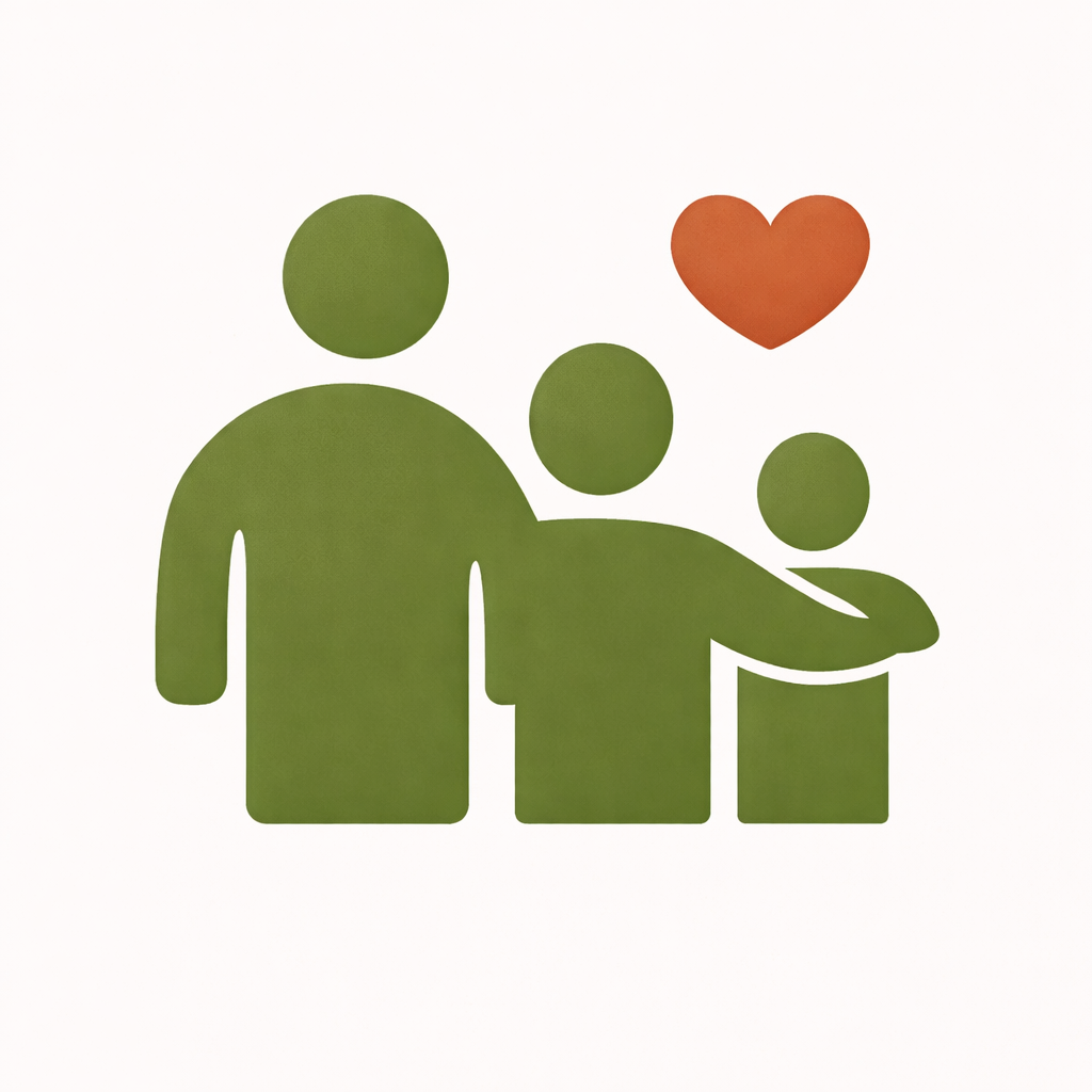 A stylized illustration of an adult and two children, with the adult having an arm around one child, and a red heart above them, symbolizing love and family.
