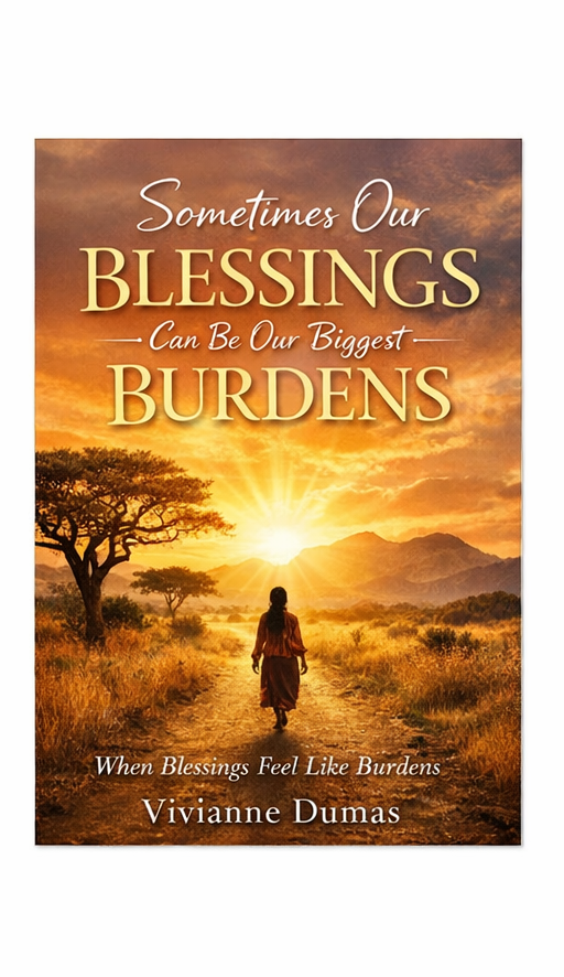 Book cover for 'Sometimes Our Blessings Can Be Our Biggest Burdens' by Vivianne Dumas, featuring a person walking on a sunset-lit trail in a rural landscape with mountains in the background.