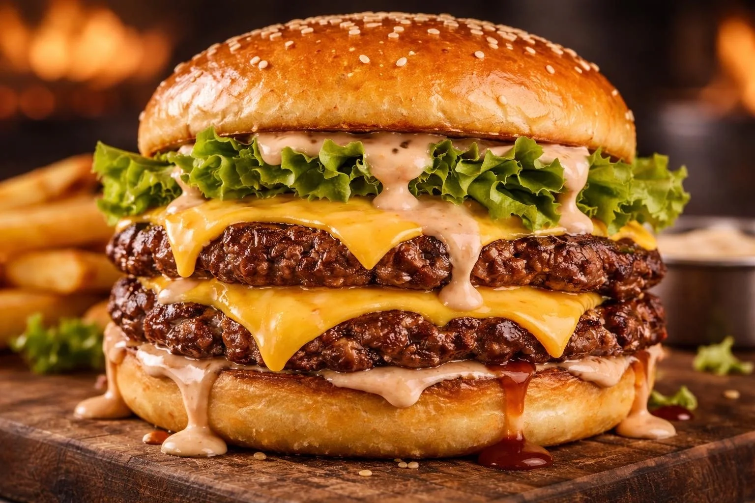 Close-up of a double cheeseburger with lettuce, sauce, melted cheese, and two beef patties on a sesame seed bun.