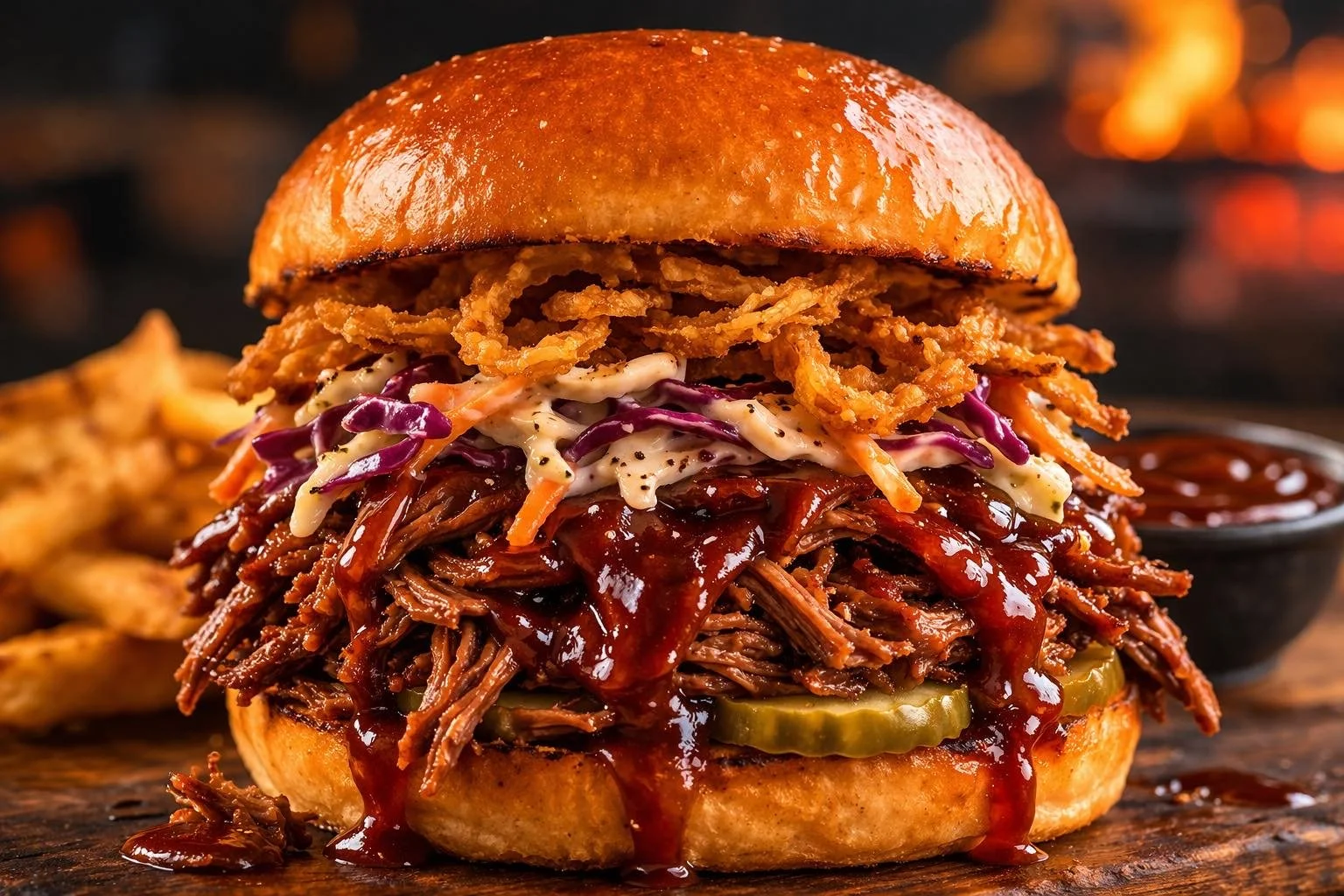 A close-up of a pulled pork burger with coleslaw, fried onions, pickles, and barbecue sauce in a bun.