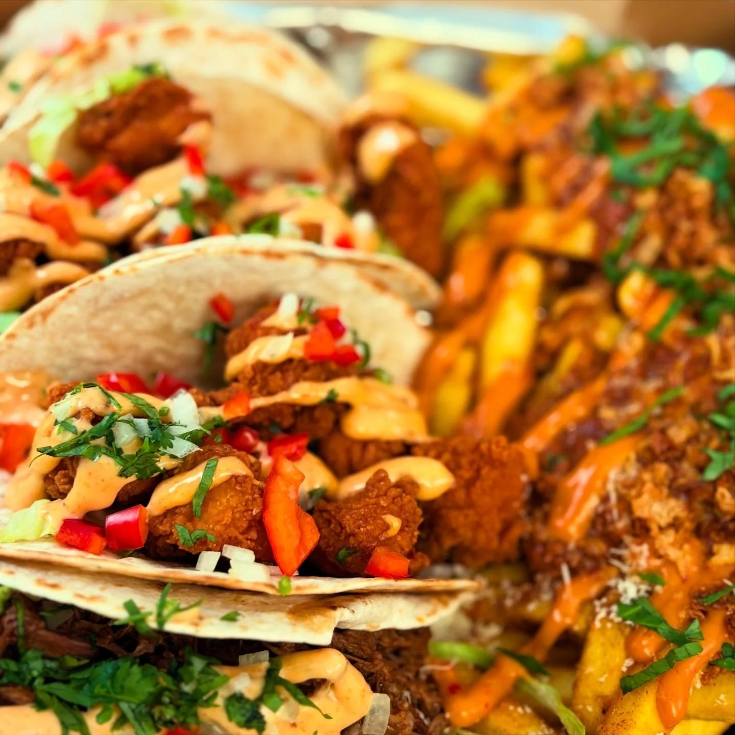 Various tacos filled with seasoned meat, topped with chopped cilantro, onions, and diced red peppers, garnished with sauce and lettuce.