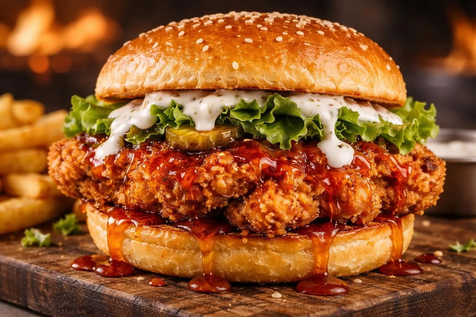 Close-up of a fried chicken burger with lettuce, pickles, mayonnaise, and barbecue sauce on a toasted bun, on a wooden board with French fries in the background.