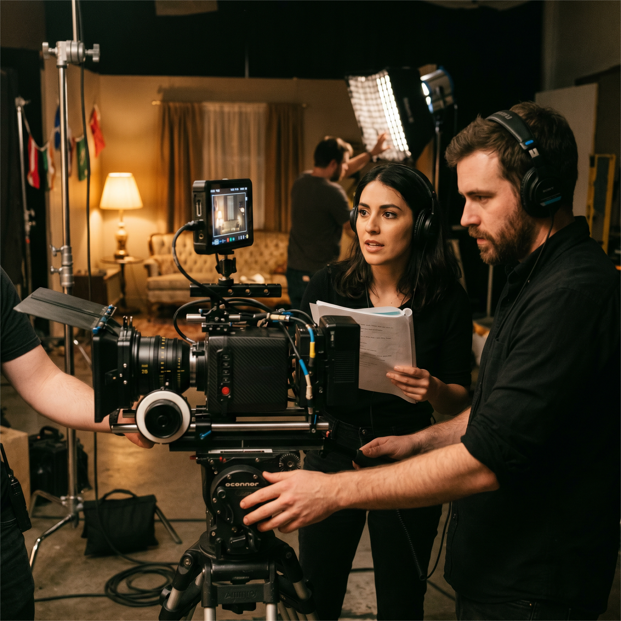 Film production crew working on a camera setup in a dimly lit set.