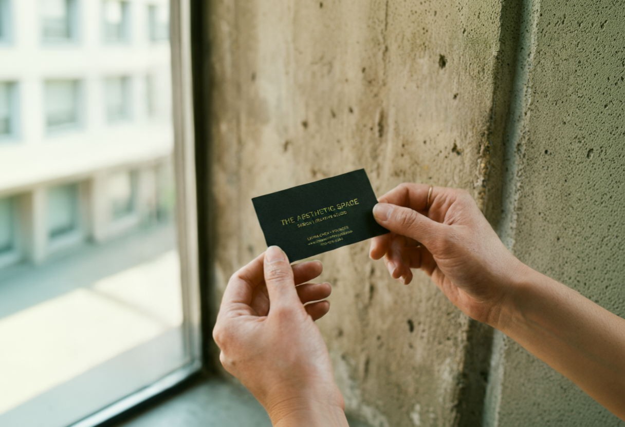 Person holding a black business card with gold text near a window with a concrete wall behind.