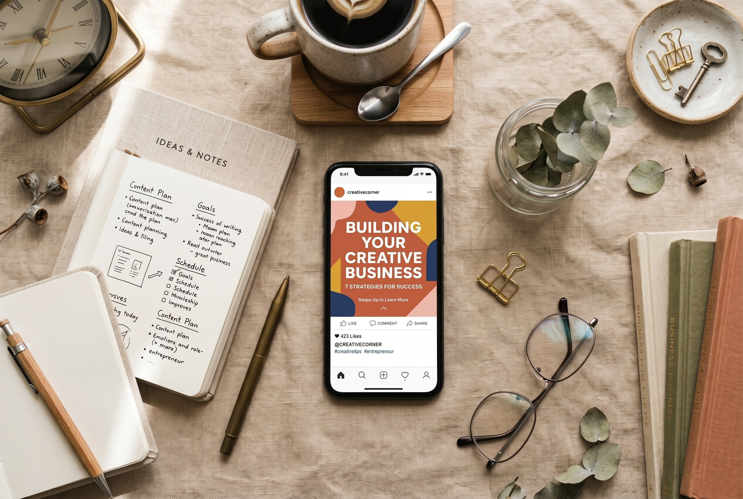 A workspace with a smartphone displaying a social media post about building a creative business, surrounded by various office accessories on a beige fabric surface.