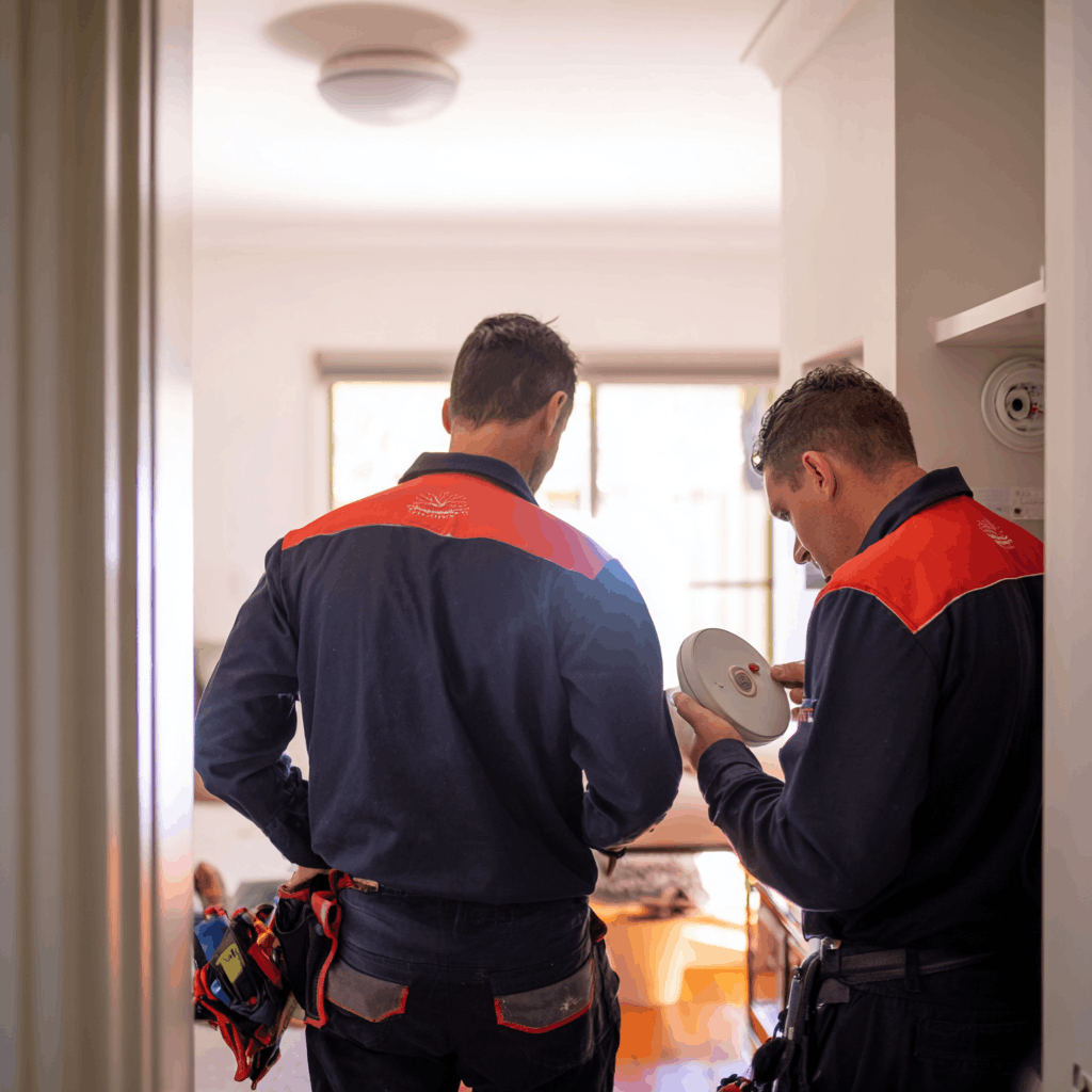 Two smoke alarm workers in navy and red uniforms standing inside a home, inspecting a smoke detector. Mudgee NSW