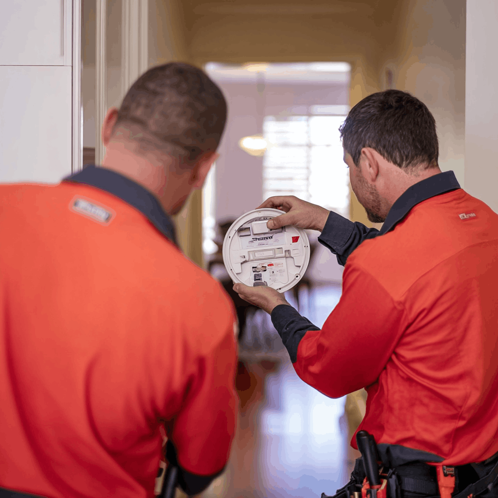 Two firefighters in orange uniforms inspecting a smoke detector in a home interior.