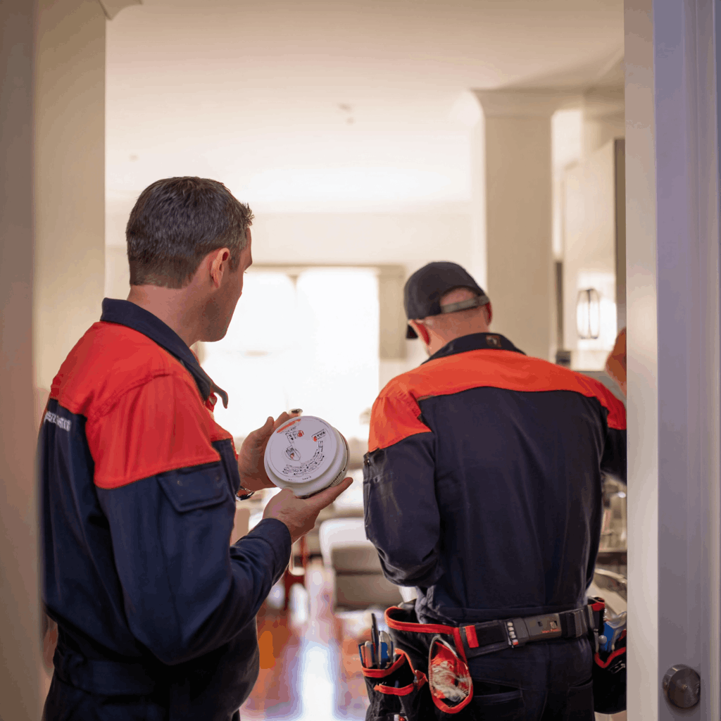 Two firefighters in uniform, one holding a smoke detector, inside a home with a bright living room.