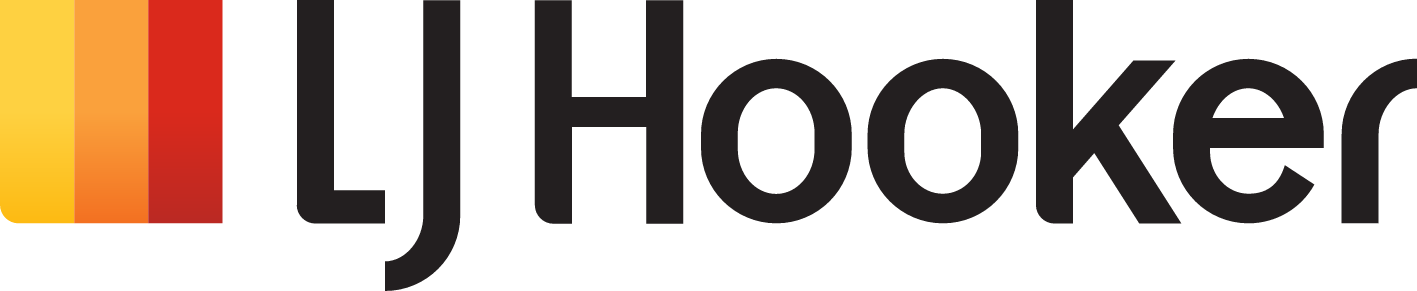 Logo of LJ Hooker with a gradient of yellow, orange, and red bars next to black text.