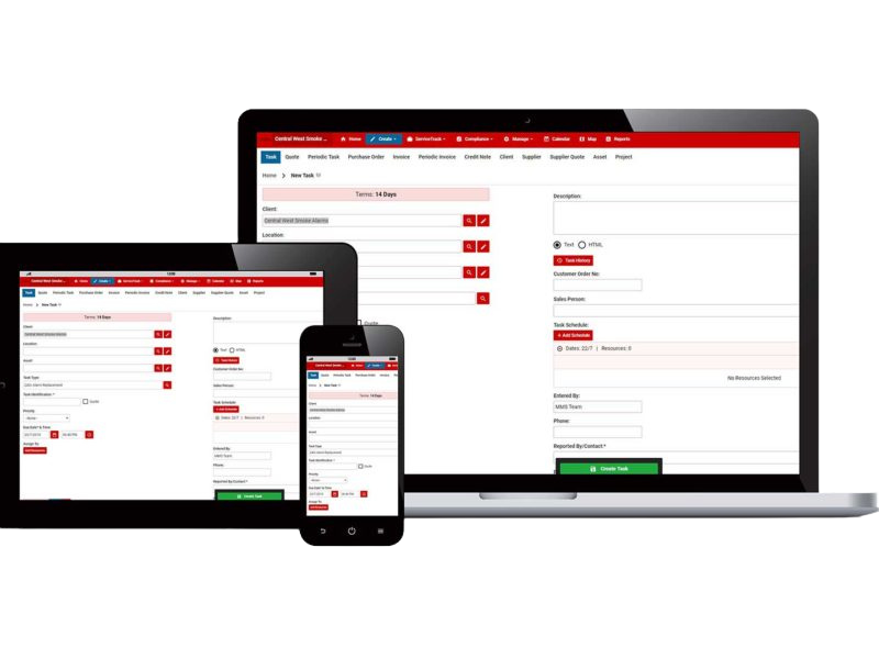 Displays a task management software interface shown on a laptop, tablet, and smartphone screens, all with red and white themes.