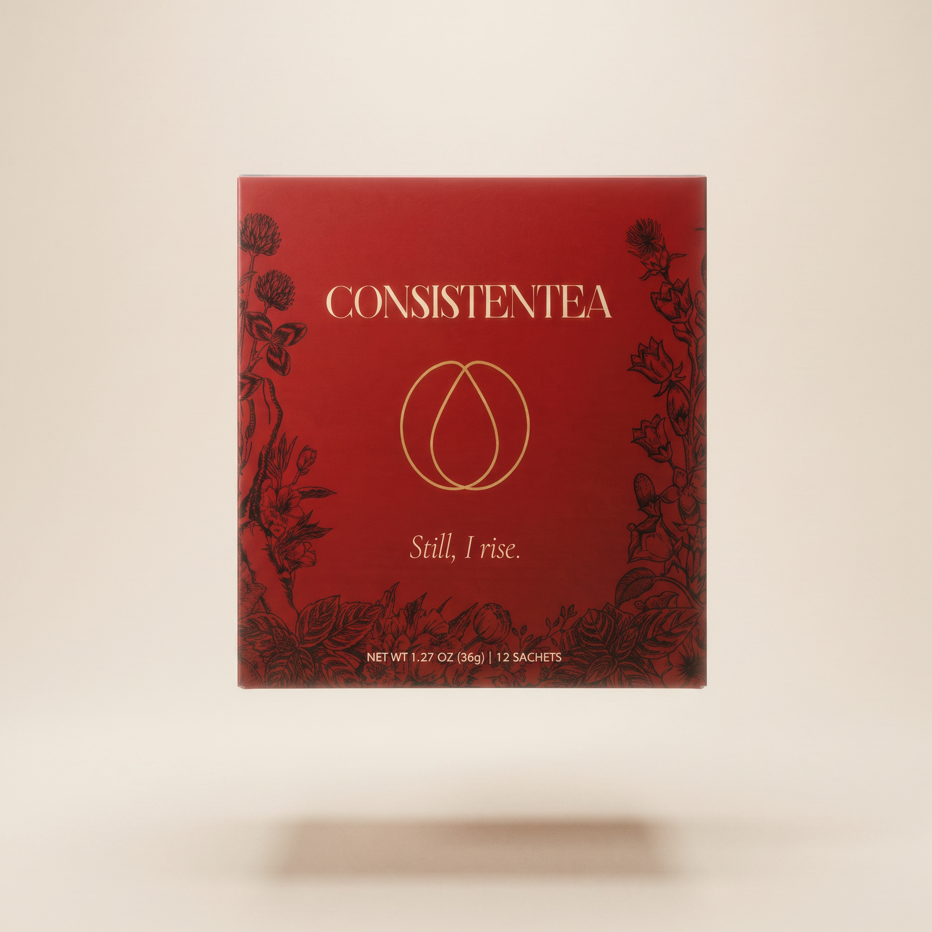 Consistentea with floral illustrations, labeled 'Still, I rise,' containing 12 sachets of tea, 1.27 oz (36g).