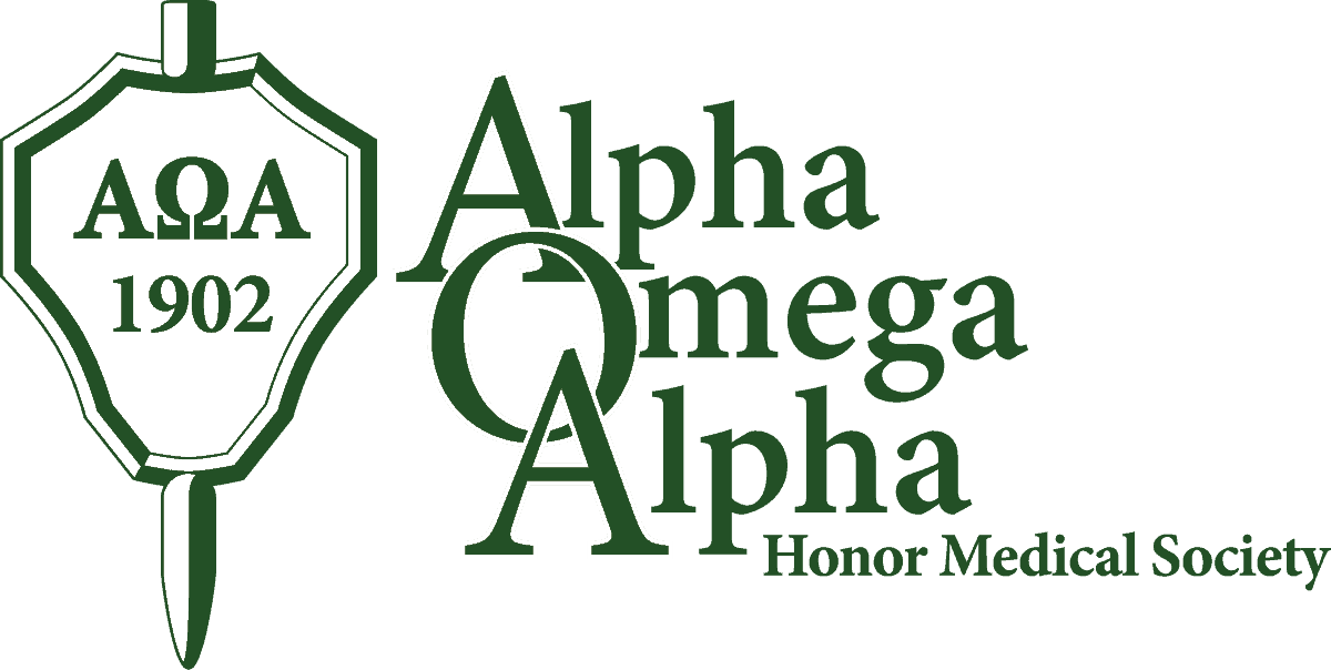 A stylized emblem featuring a shield with the letters "ΑΩ" and the year "1902," alongside the words "Alpha Omega Alpha Honor Medical Society" in green and black text.