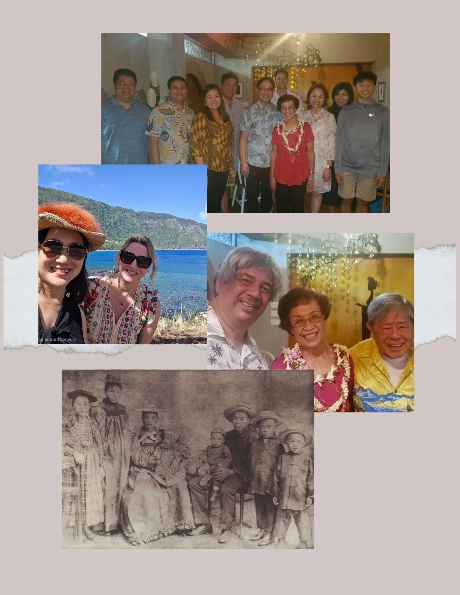 A collage of four photos: family portrait, two women traveling outdoors, a group of three people smiling indoors, and an old black-and-white family photo.