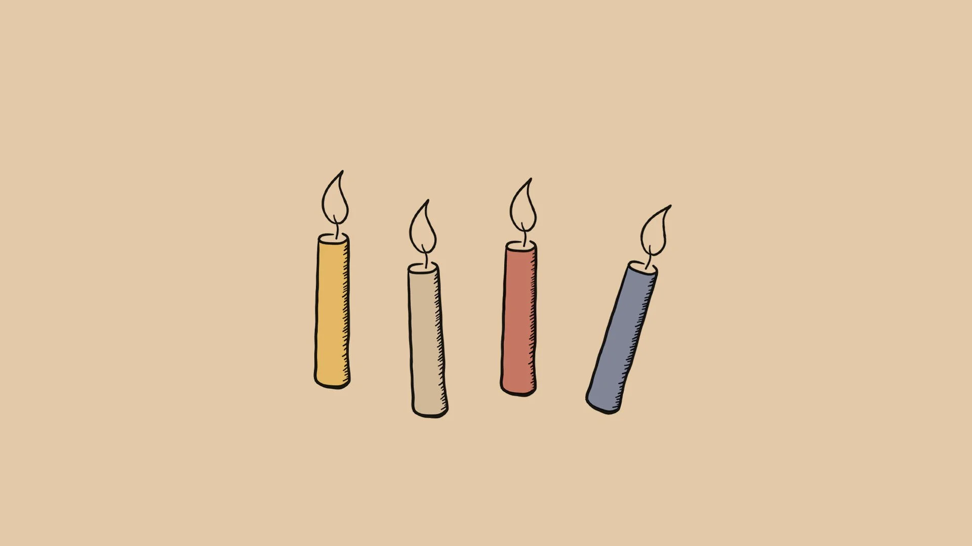 Four colorful birthday candles with lit flames against a beige background.