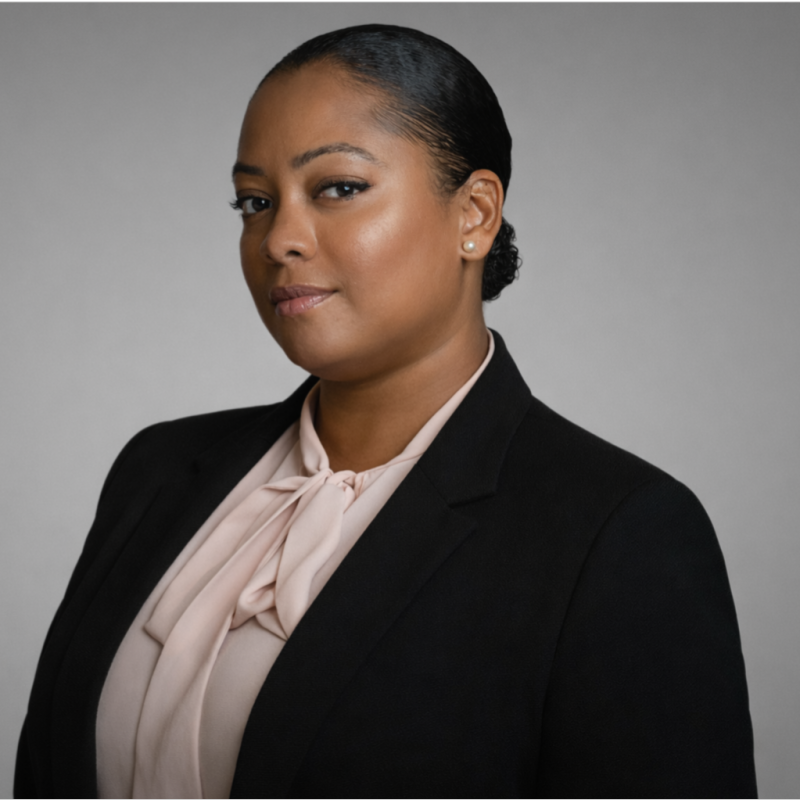 Professional woman with polished black hair pulled back, wearing a black blazer and light beige blouse with a bow, posing confidently against a gray background.