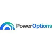 PowerOptions logo with a stylized blue and black graphic and text.