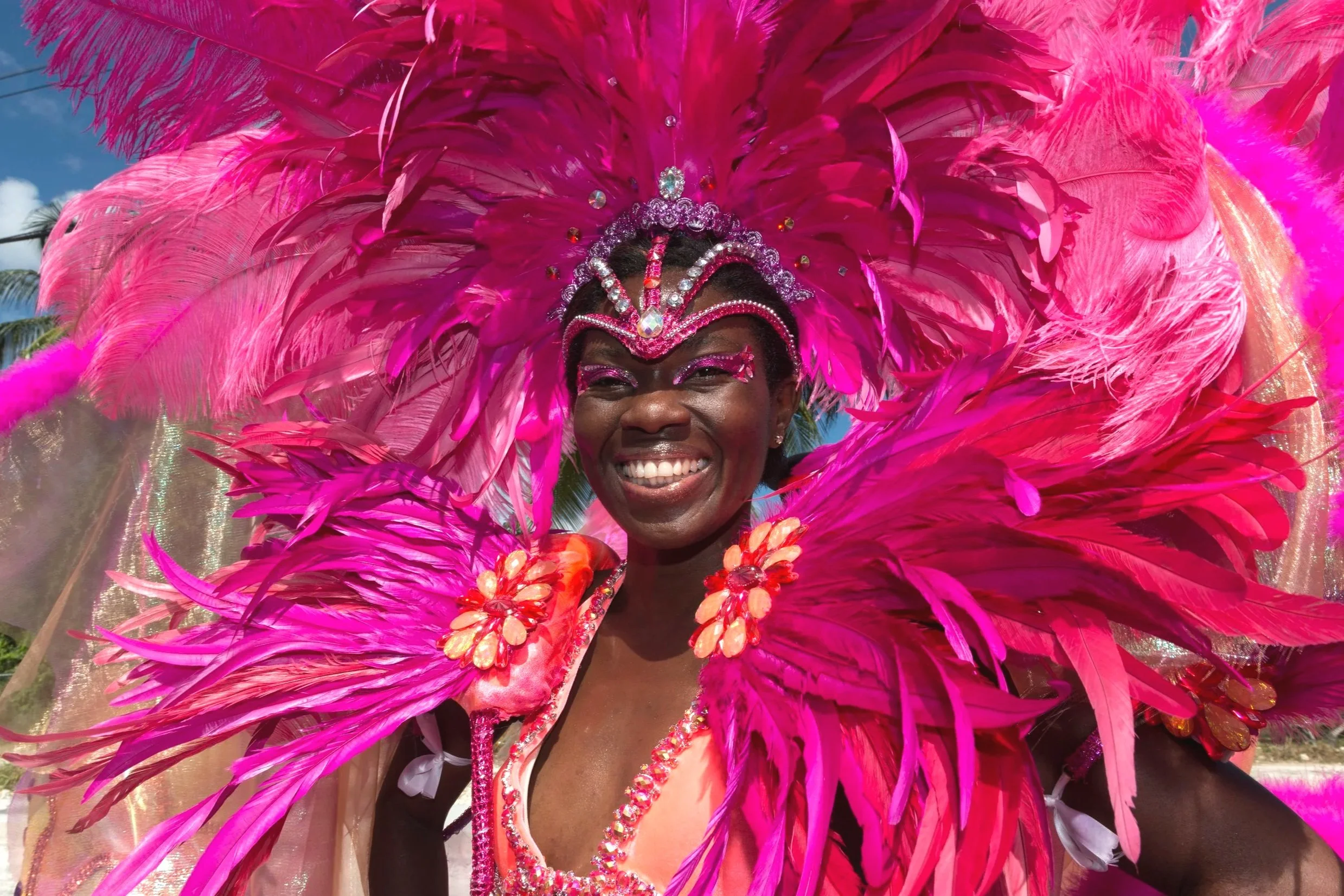 A woman dressed in a vibrant pink carnival costume with feathers and rhinestones, smiling brightly.