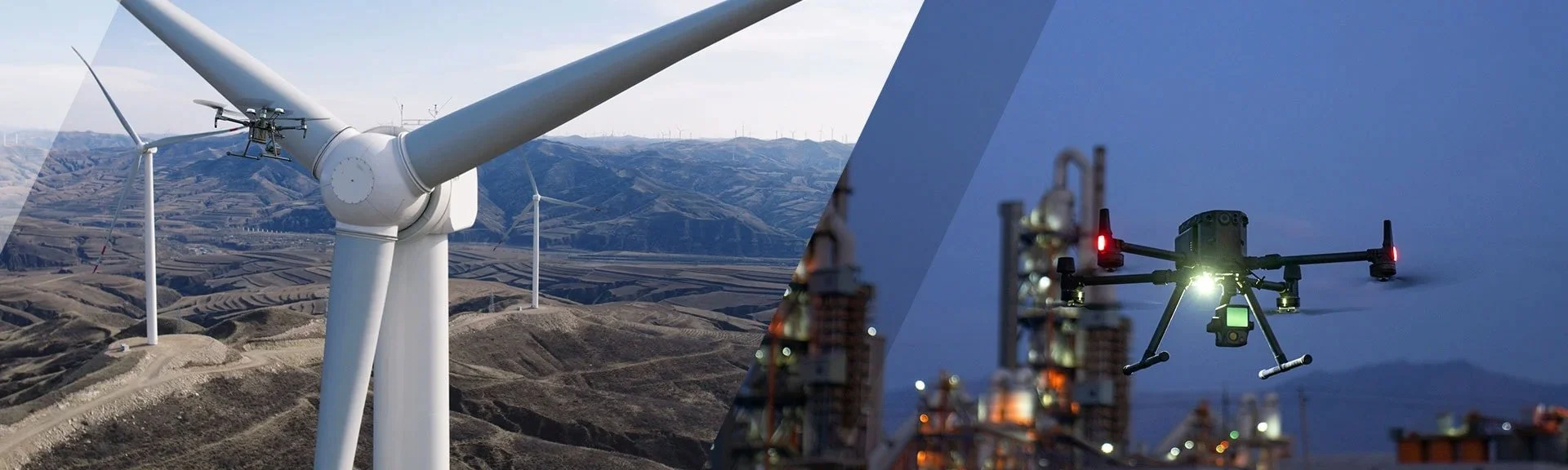 A wind turbine located in a hilly landscape on the left side, and a drone flying near industrial towers at dusk or night on the right side.