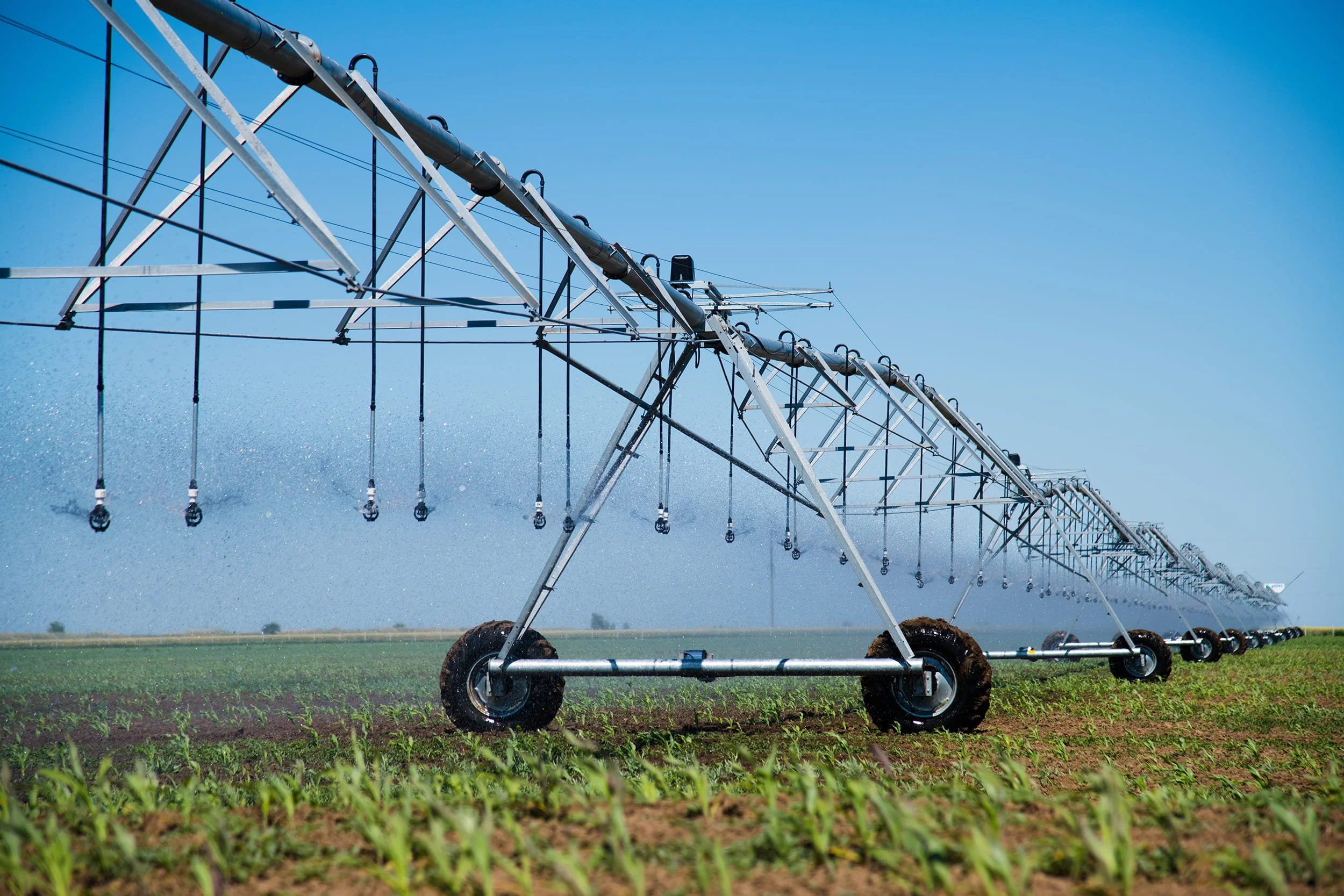 Farm irrigation sprinkler system watering crops