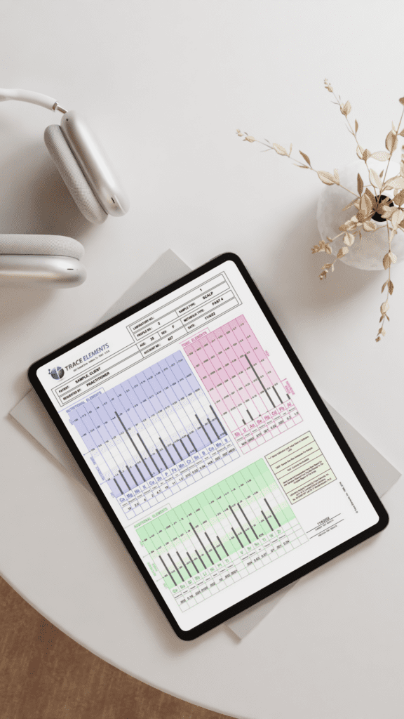 Tablet displaying a scientific report on trace elements, with color-coded charts in purple, pink, and green, on a white desk. Nearby are headphones and a small plant in a white pot.