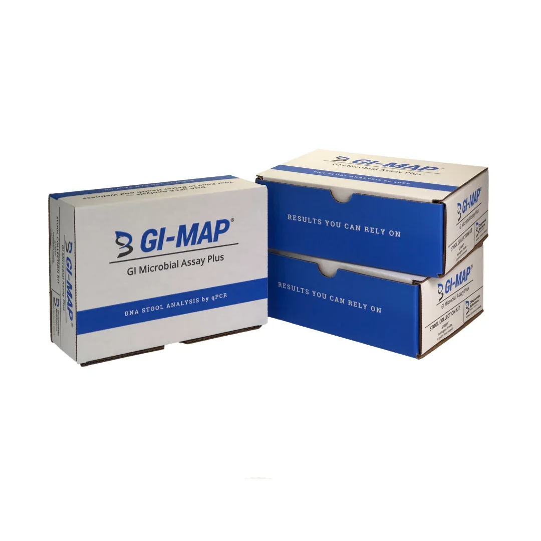 Boxes of GI-MAP microbiome testing kits with blue and white packaging.