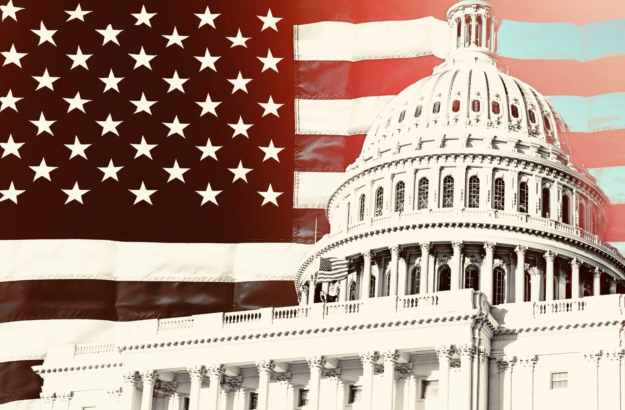 American flag waving in front of the U.S. Capitol building.