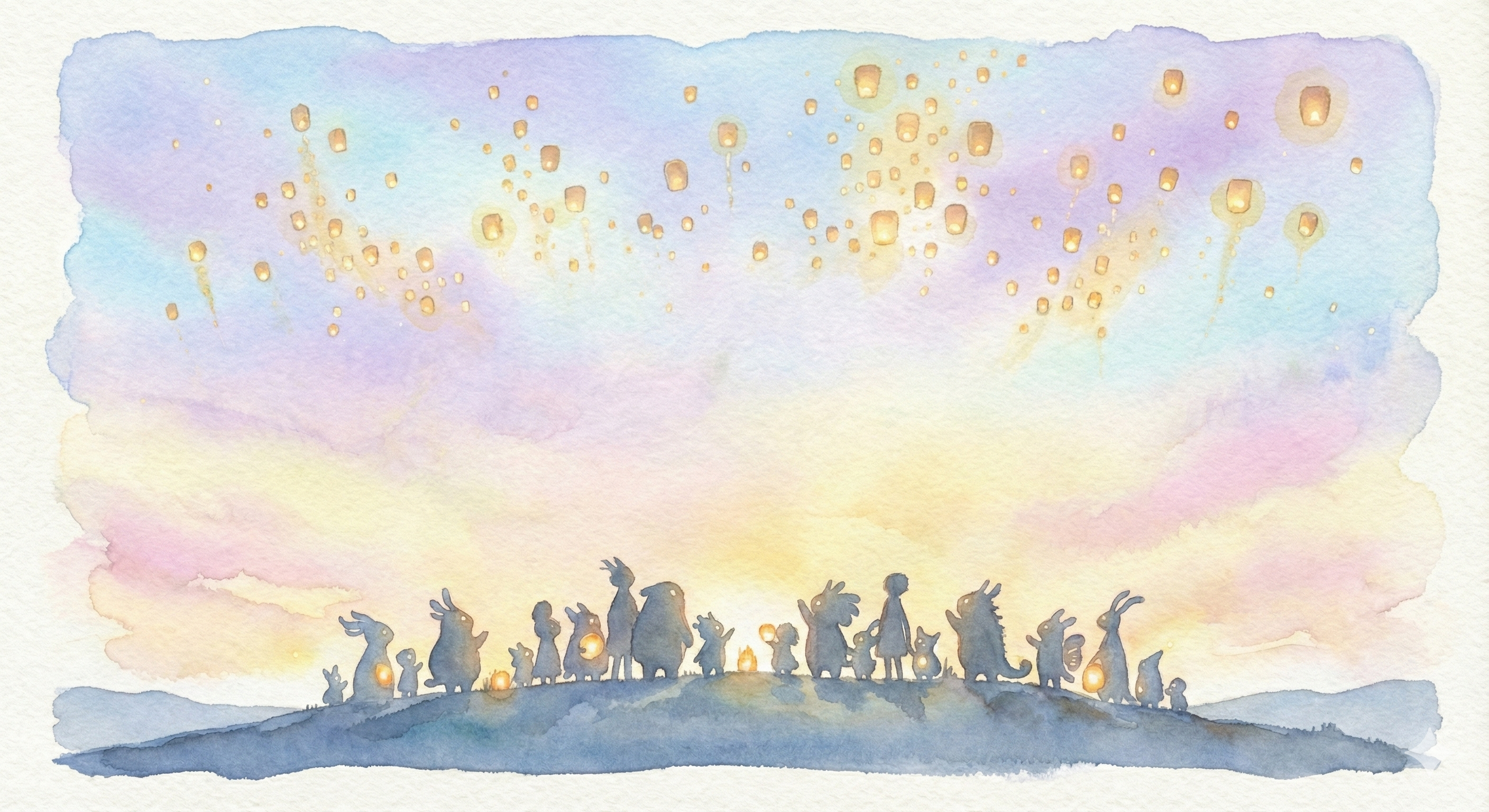 Watercolor illustration of a group of animals holding lanterns on a hilltop, with floating lanterns in the sky during sunset or dawn.