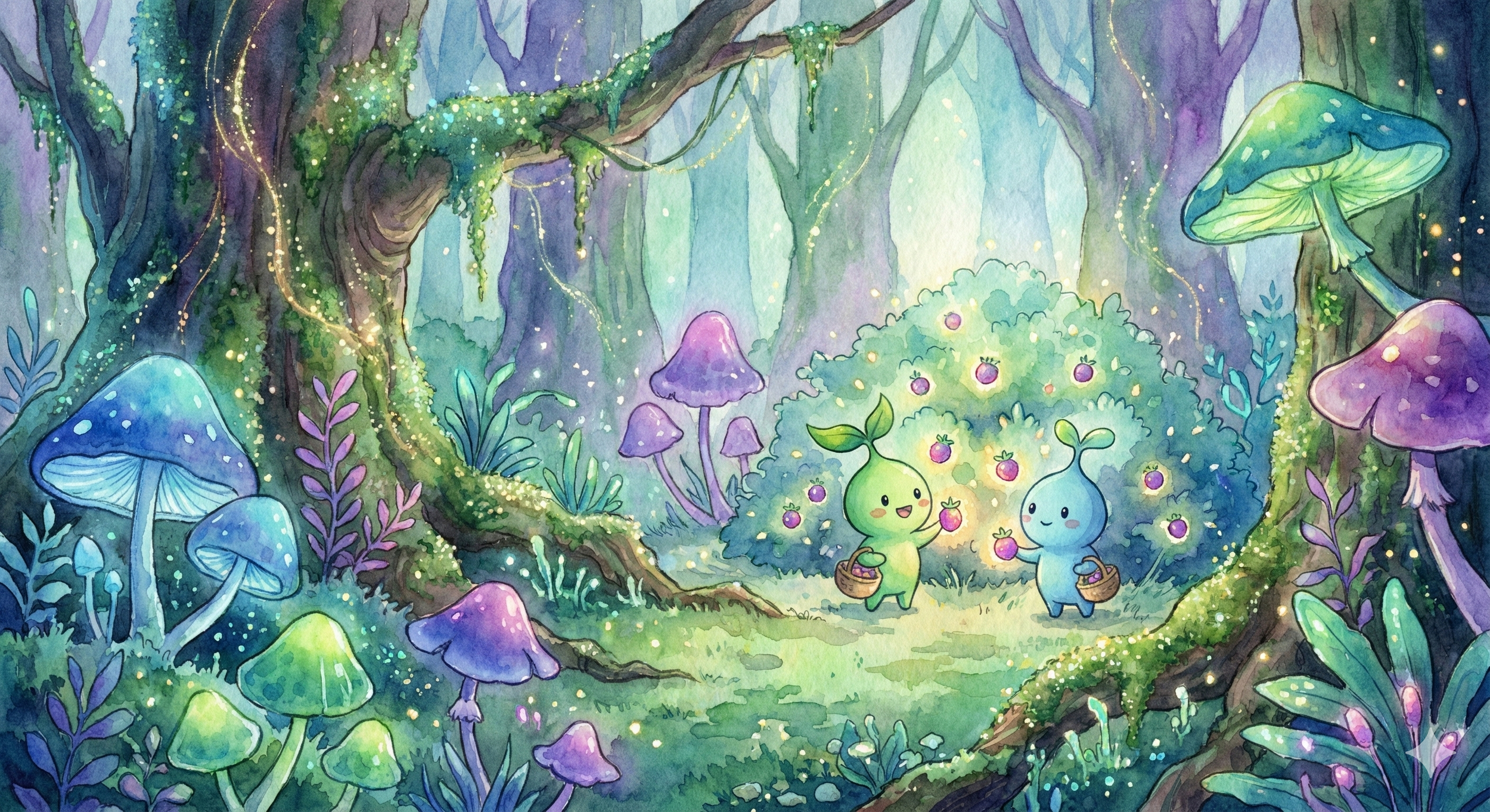 A whimsical, colorful forest scene with large glowing mushrooms, lush foliage, and glowing fairy lights. Two cute, friendly plant-like creatures carry baskets and gather glowing berries near a blooming bush.