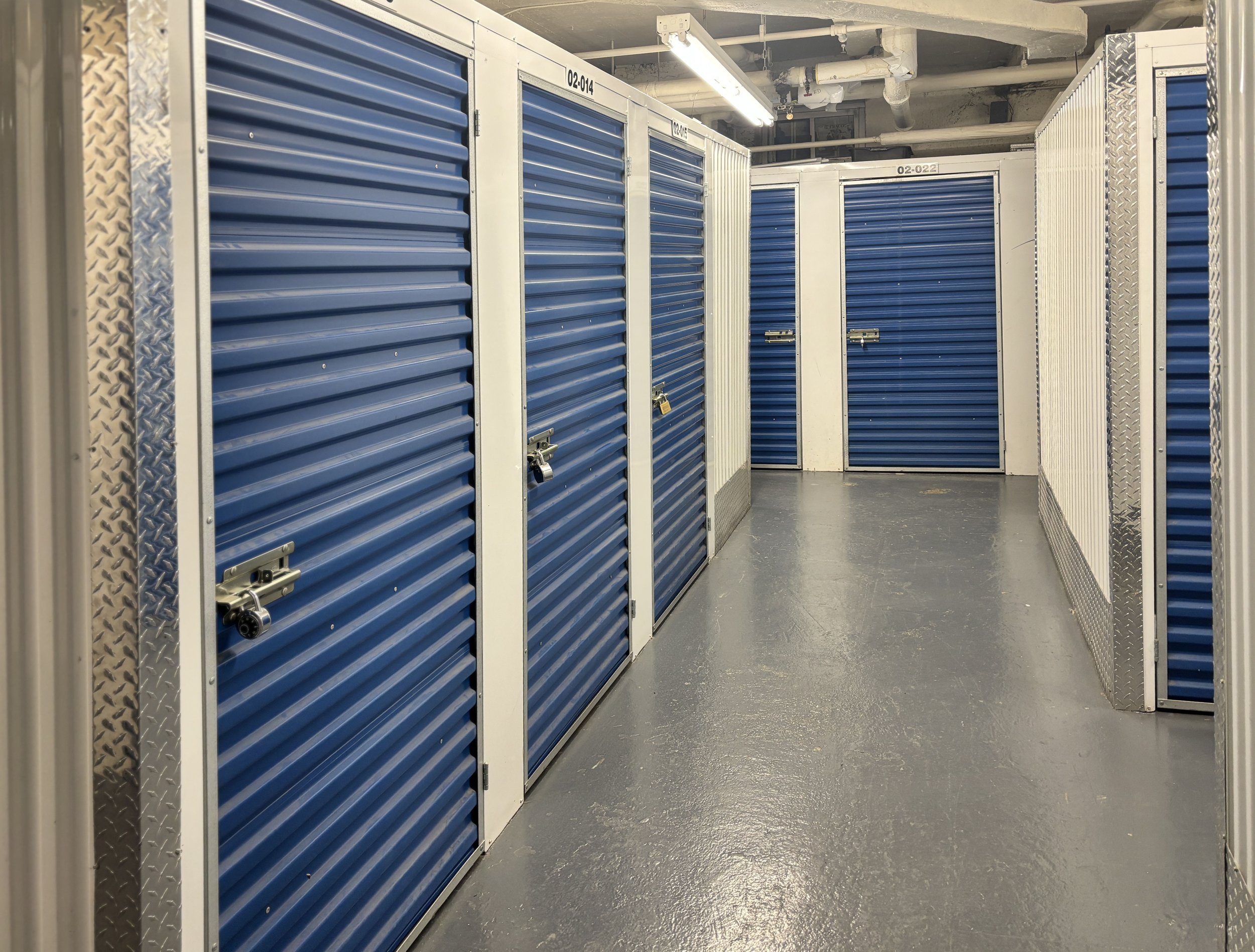 A storage room with large storage lockers. 