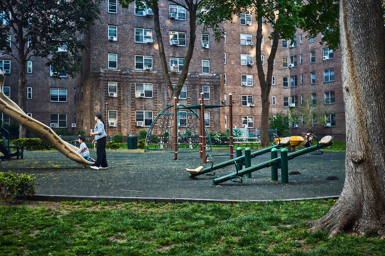 An outdoor park with playground equipment.