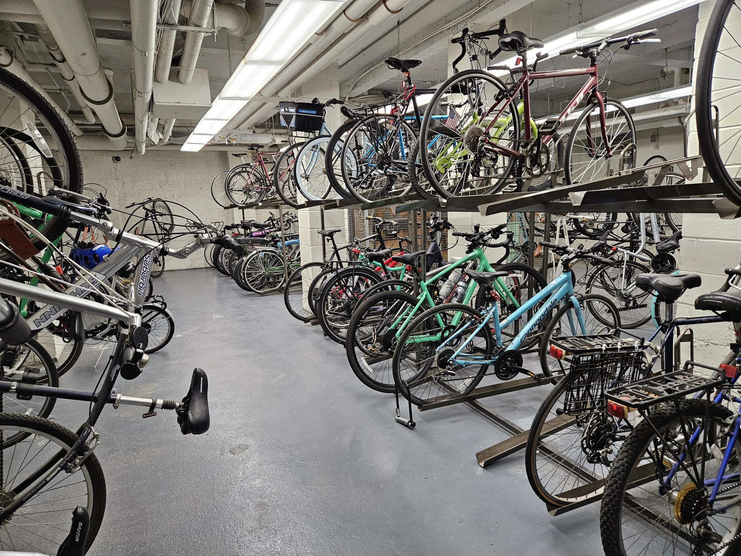 A room with bicycle storage racks