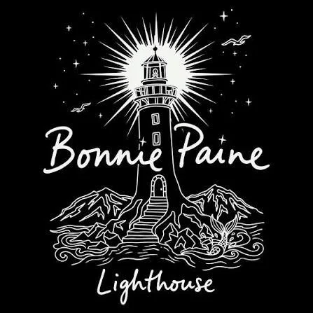 Illustration of a lighthouse on a rocky coastline with the sun shining behind it, surrounded by stars, with the text 'Bonne Paine Lighthouse'.