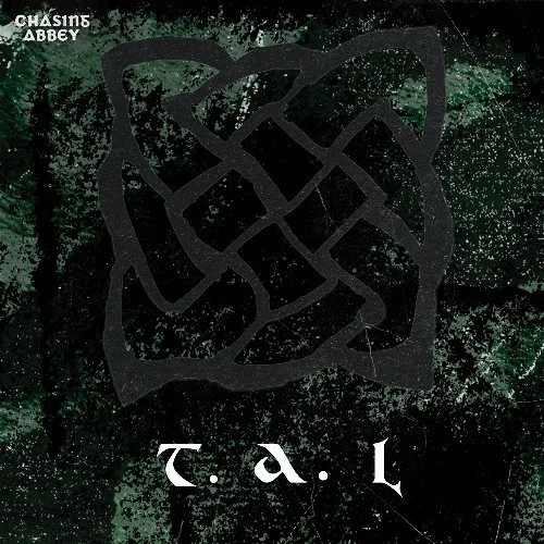 Album cover with a black and green textured background, abstract black geometric design in the center, and white text reading "T.A.L" at the bottom.