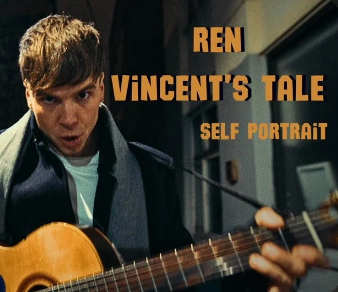 A young man with brown hair playing an acoustic guitar, with a focused expression, near a window at night. Overlaid text reads: "REN VINCENT'S TALE SELF PORTRAIT."