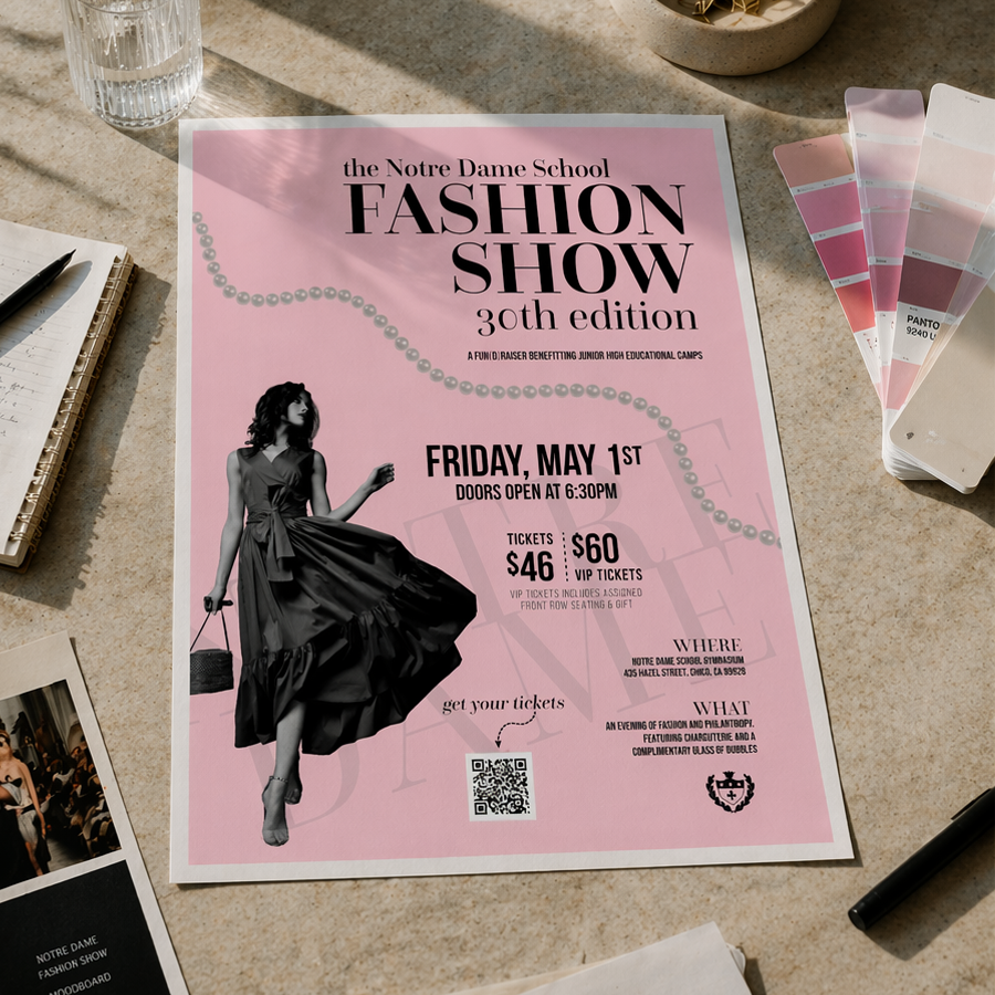 Poster for the Notre Dame School Fashion Show, 30th edition, on Friday, May 1st, with tickets costing $46 and VIP tickets $60. The event is a fundraiser for junior high educational camps, taking place at Notre Dame School in St. Louis. The poster features a woman in a black dress, and includes details about the event location, time, and ticket booking QR code.