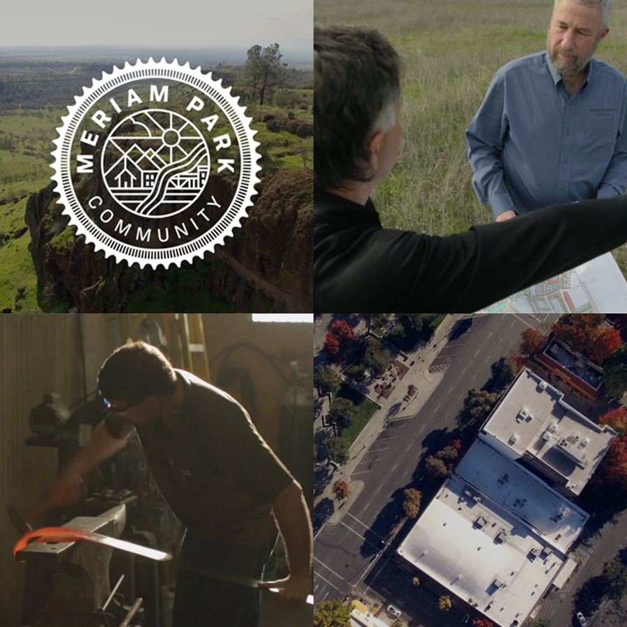A collage of four images: the top-left features a logo for Merriam Park Community over a landscape background; top-right shows two men in a grassy field discussing a blueprint; bottom-left depicts a man working with a saw in a workshop; bottom-right captures an aerial view of a commercial building and parking lot surrounded by trees.