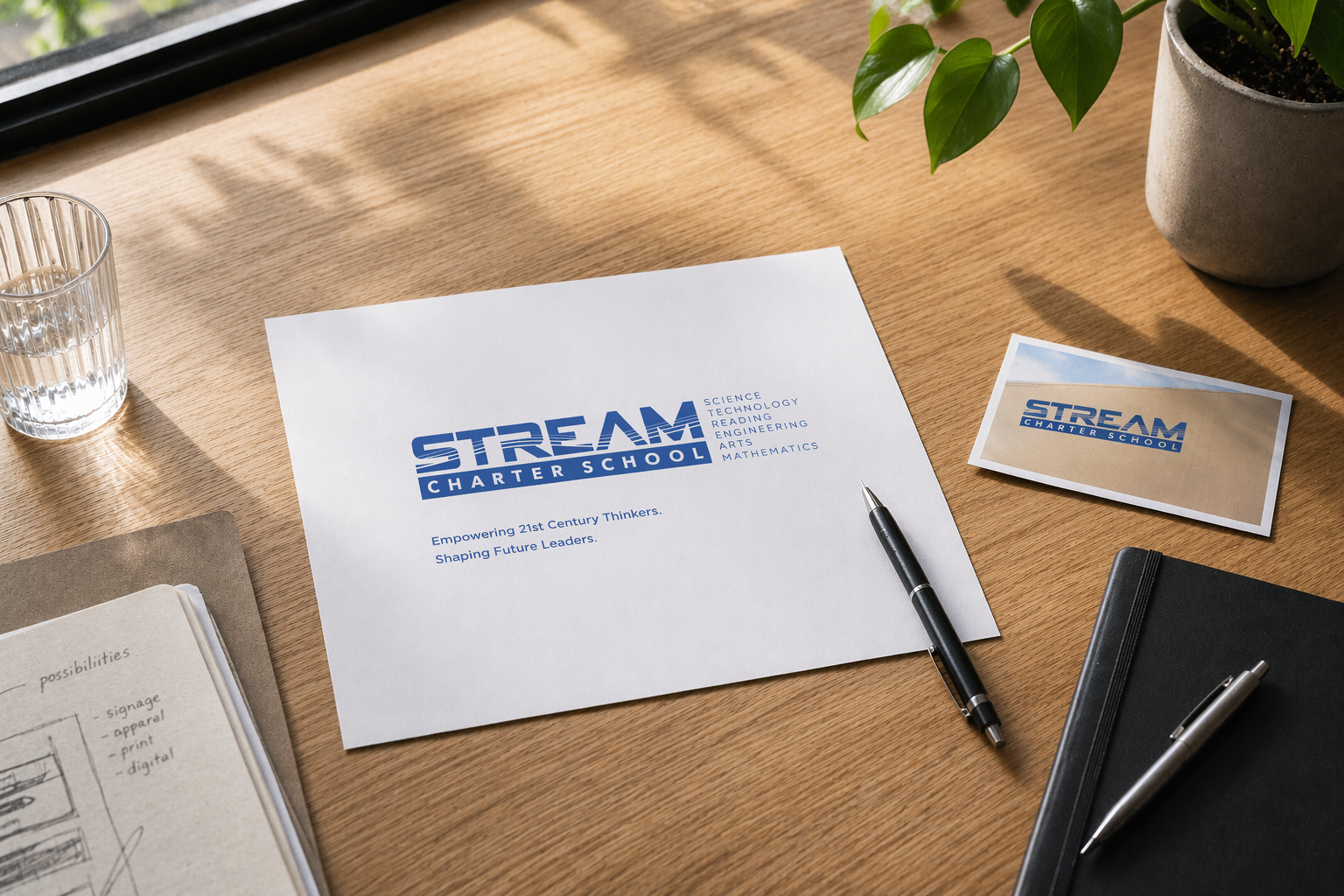 A desk with a sheet of paper displaying the 'Stream Charter School' logo, a brochure with the same logo, a glass of water, an open notebook, a closed black notebook, and two pens, one black and one silver, near a potted plant with green leaves.