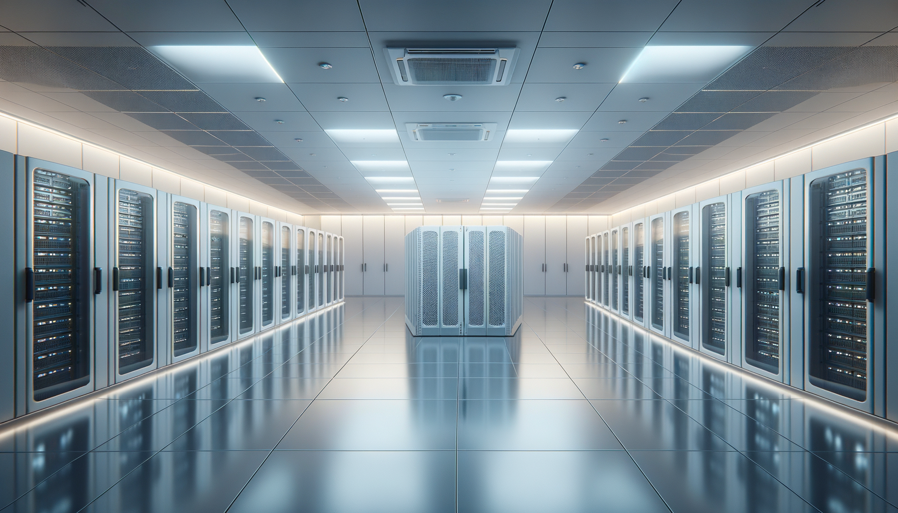 A futuristic data center with rows of server racks on each side and a central cooling or power unit in the middle, illuminated with bright LED lights, and a highly reflective tiled floor.