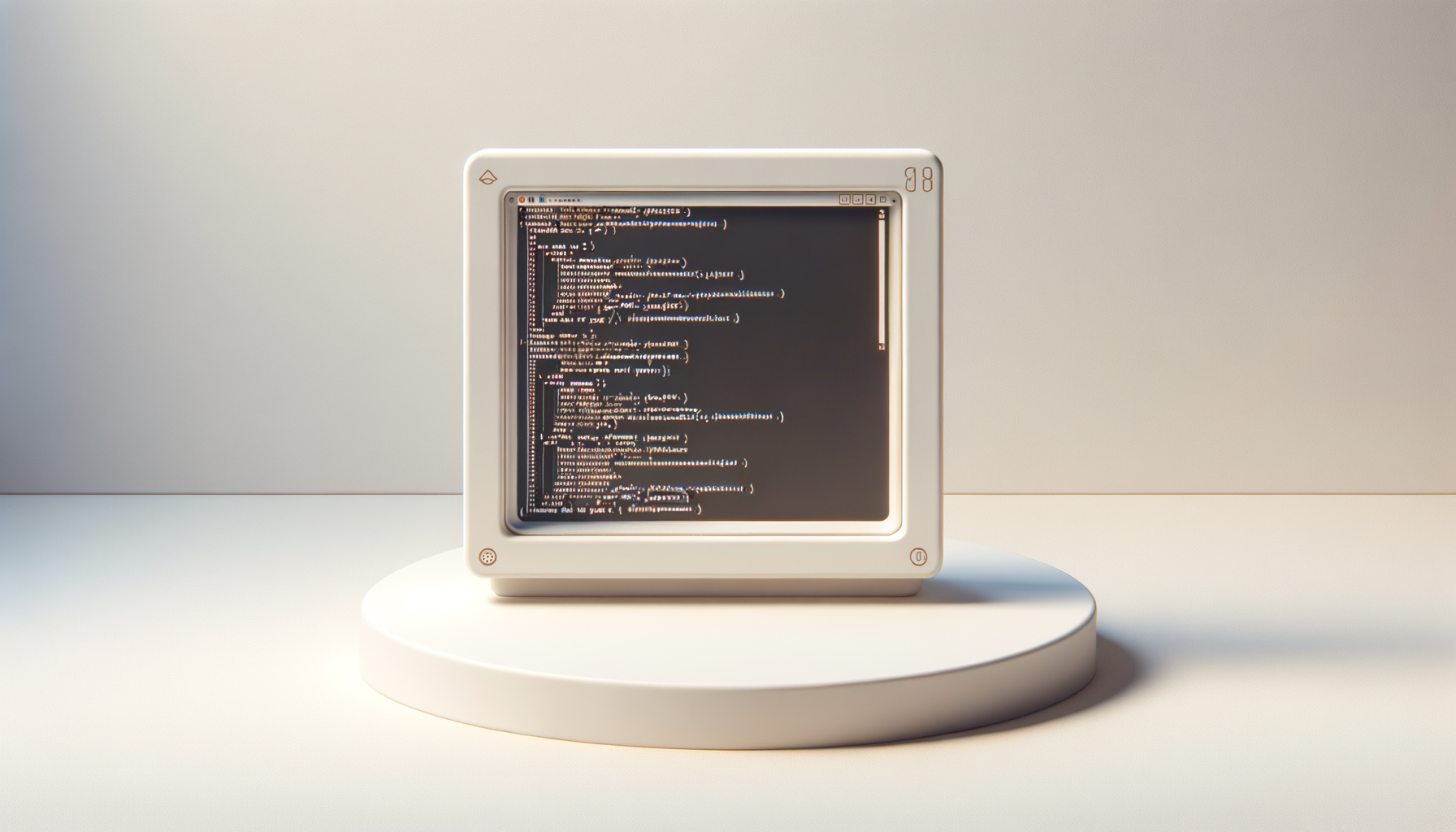 A white computer monitor displaying code, placed on a round white platform against a light background.