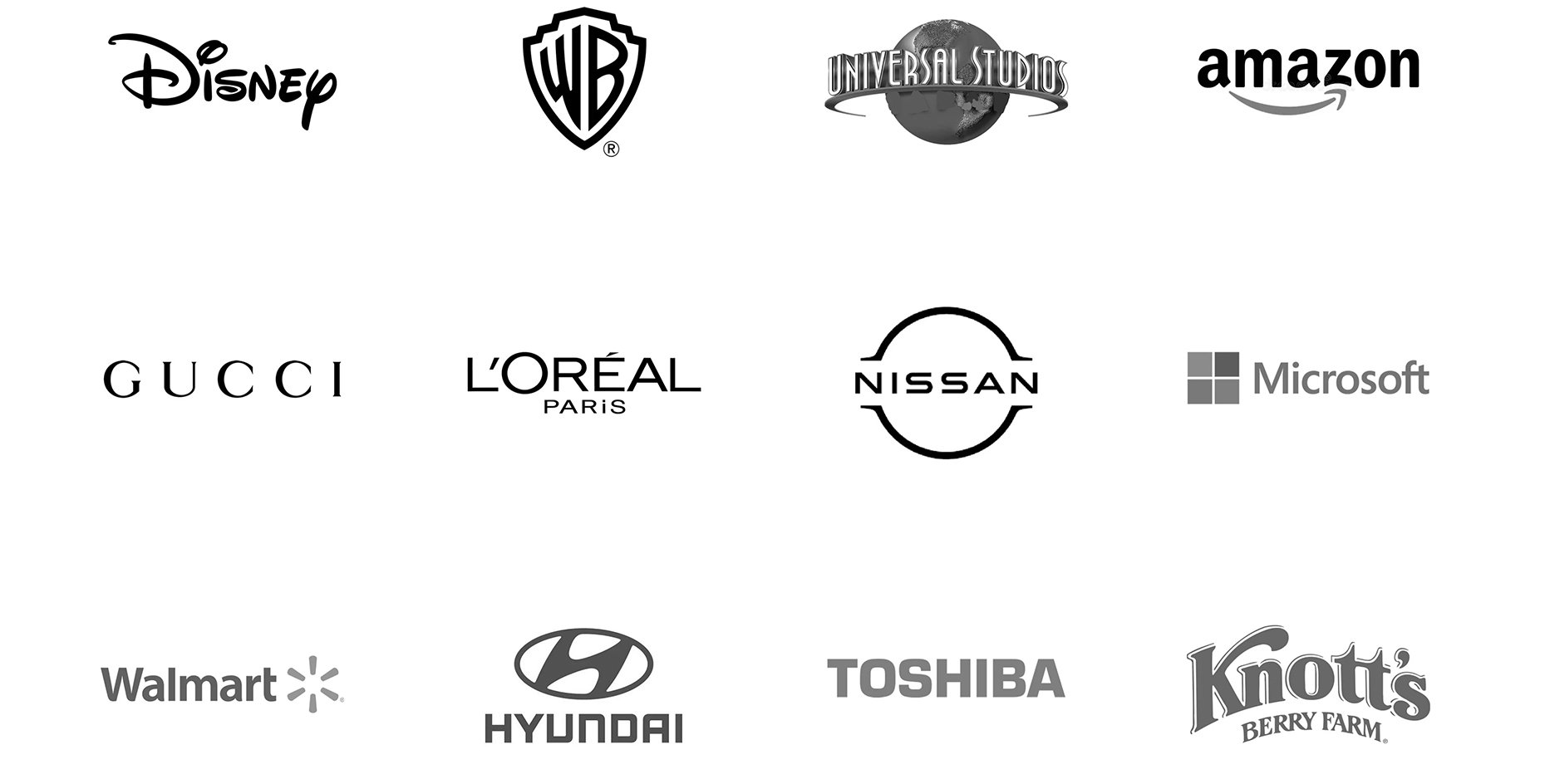 Clients include Disney, Warner Bros, Universal Studios, Amazon, Gucci, L'Oréal, Nissan, Microsoft, Walmart, Hyundai, Toshiba, and Knott's Berry Farm.
