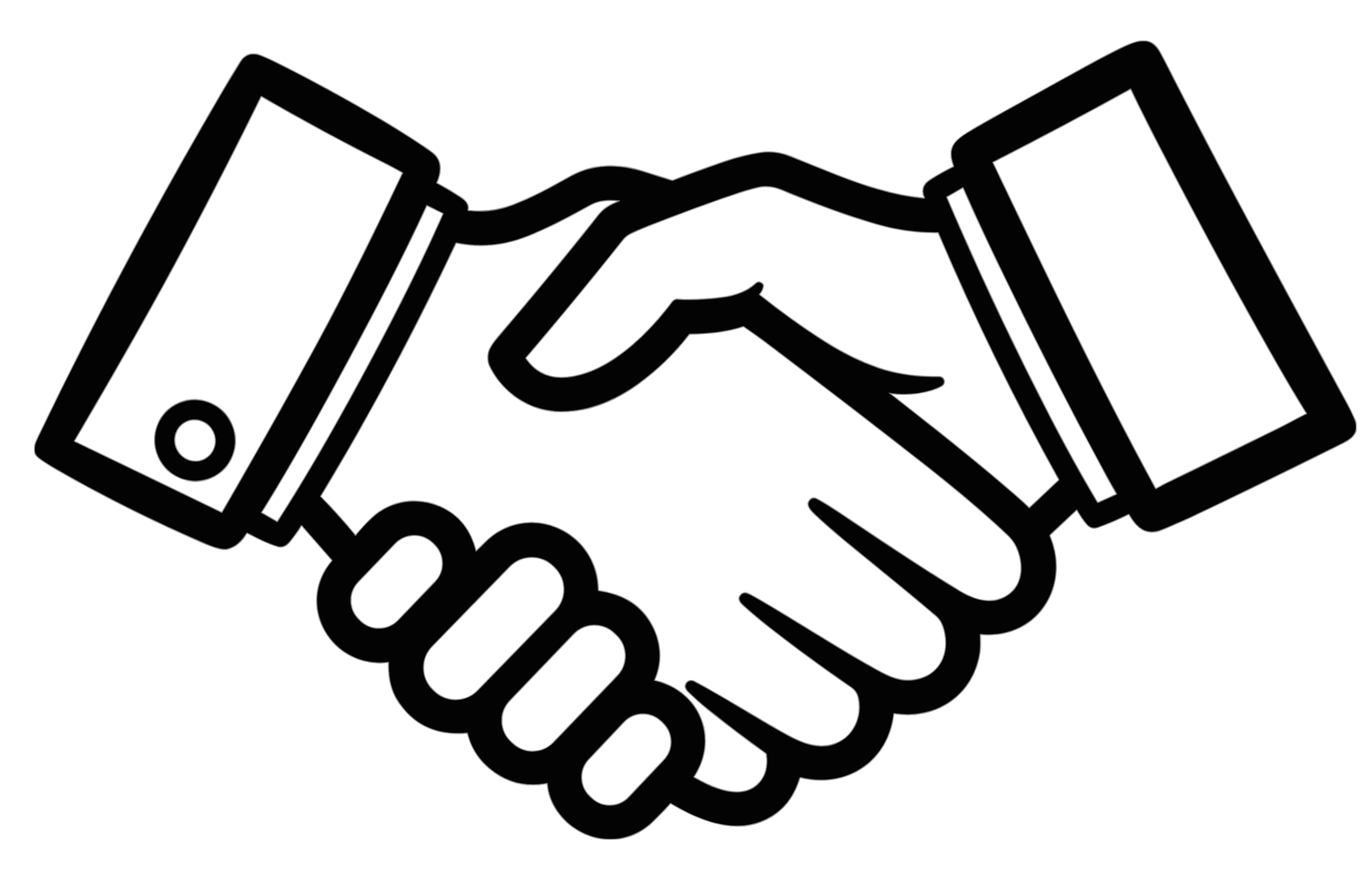 Outline of two hands shaking, with a smartphone on each side.