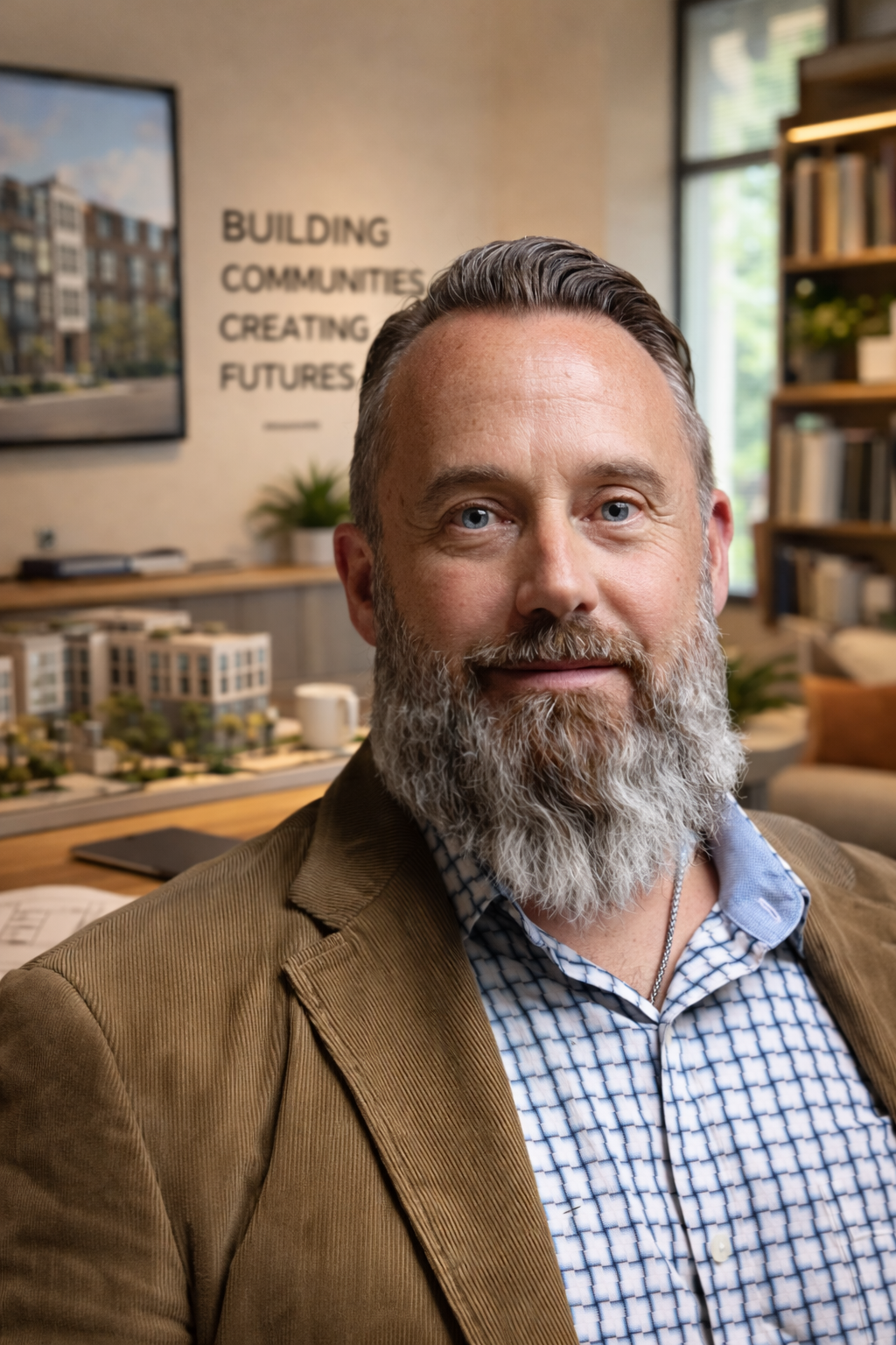 A middle-aged man with a beard and blue eyes wearing a brown blazer and checkered shirt, sitting inside an office with a wall sign that reads 'Building Communities Creating Futures,' with bookshelves, a window, and architectural models visible in the background.