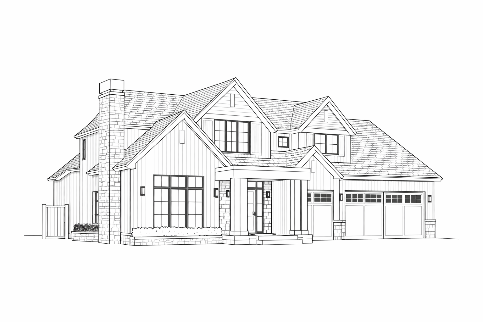 Line drawing of a modern two-story house with large windows, a front porch, and a three-car garage.