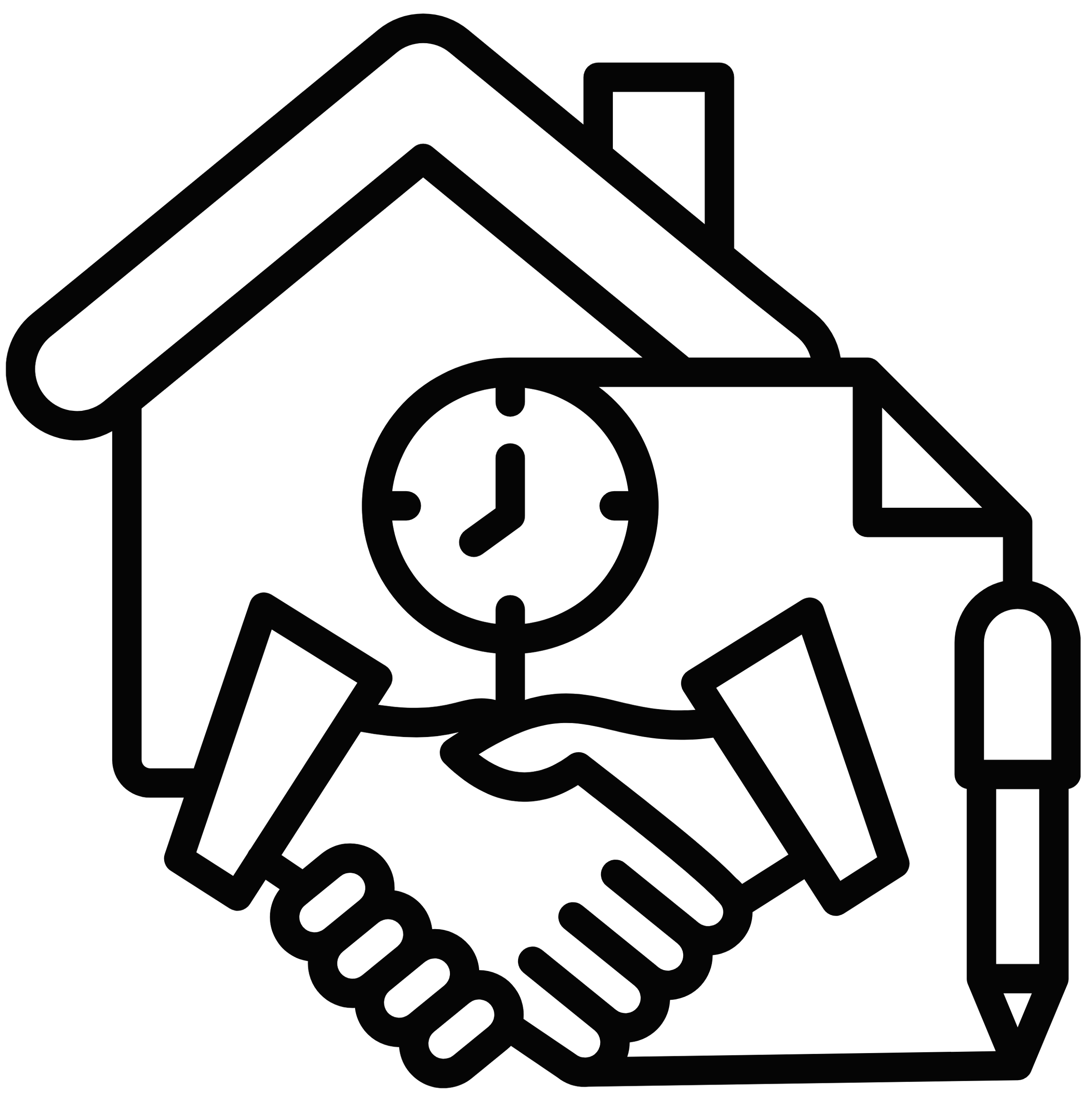 Outline of a house with a clock, paper, pen, and a handshake symbolizing home agreements and time.