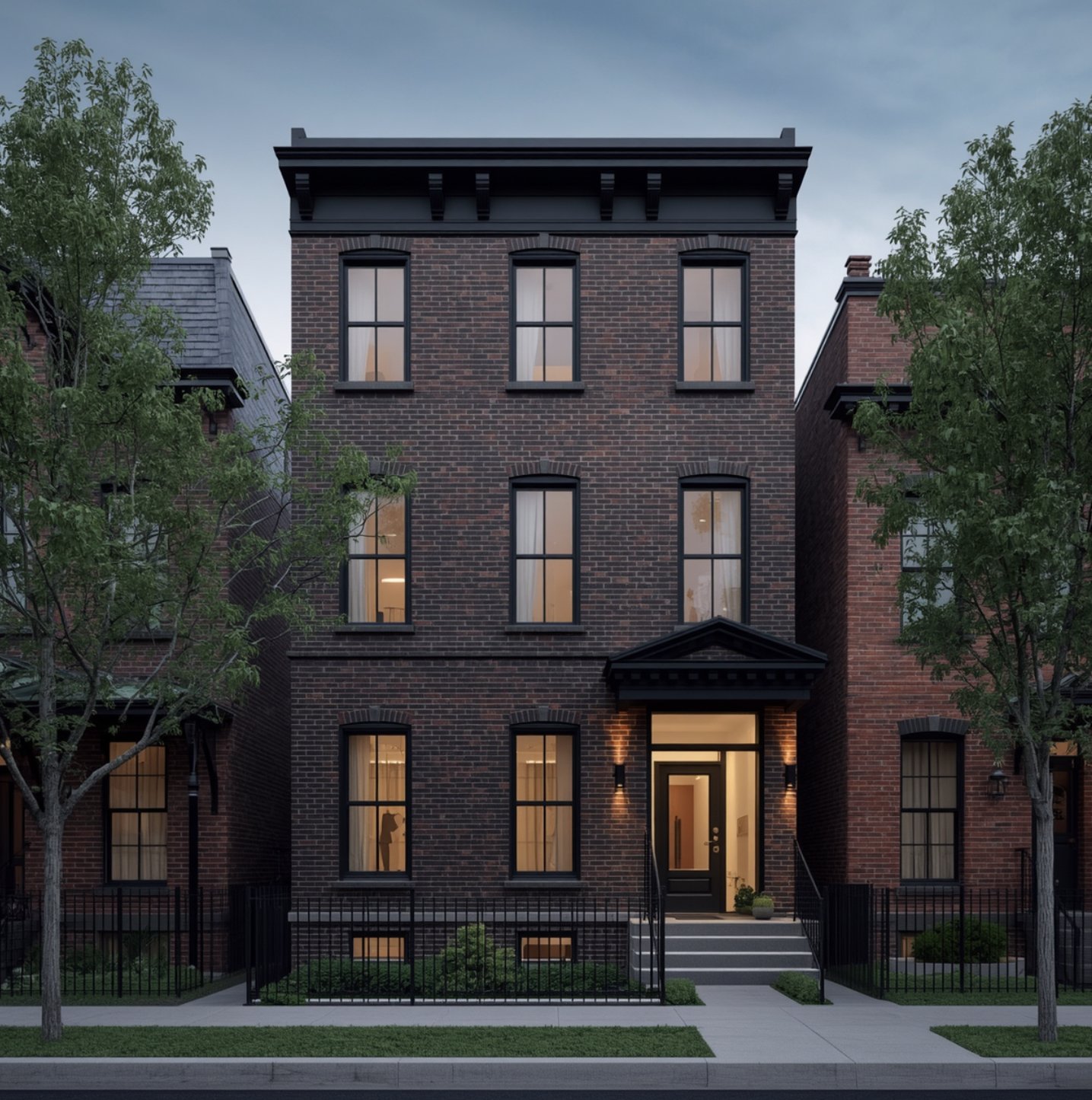 Dark brick townhouse with black trim, lit front porch, and iron fence, in a neighborhood with trees.