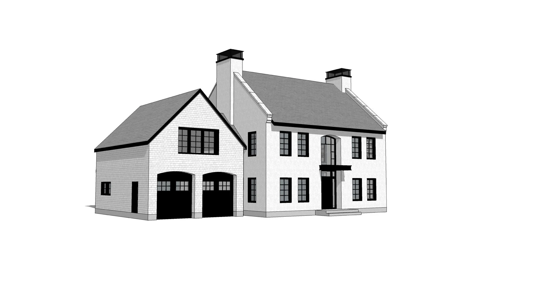 Black and white drawing of a two-story house with a three-car garage and chimneys