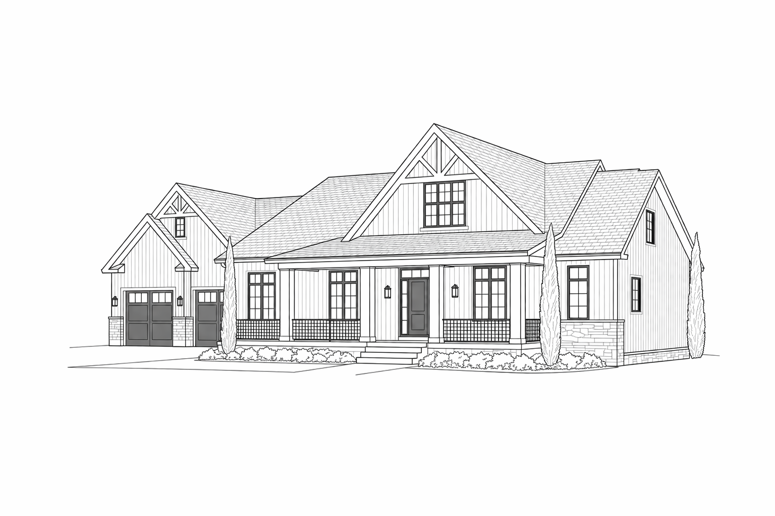 Line drawing of a modern house with gabled roof, front porch, large windows, two garage doors, and landscaped front yard with trees.